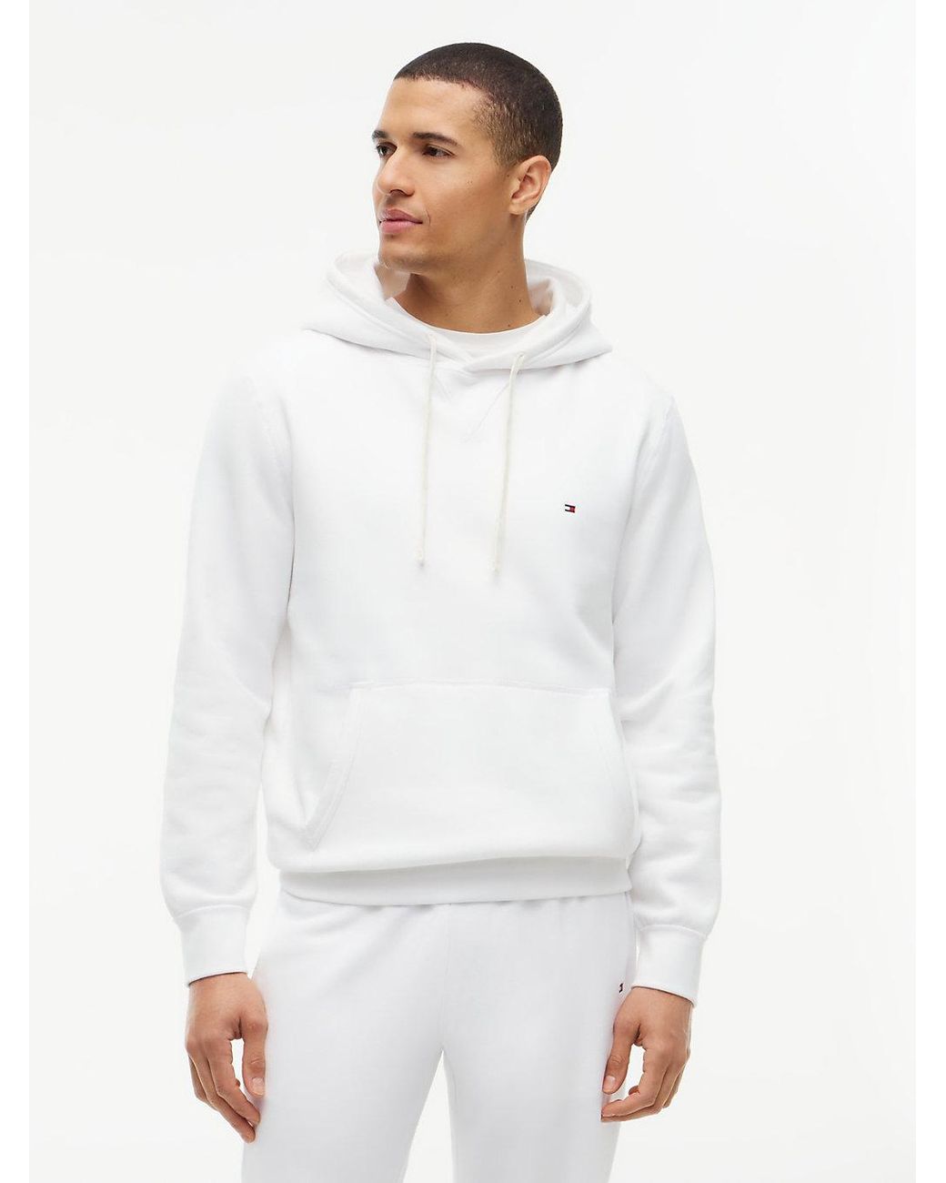 Tommy Hilfiger White Fleece Drawstring Hoody for men