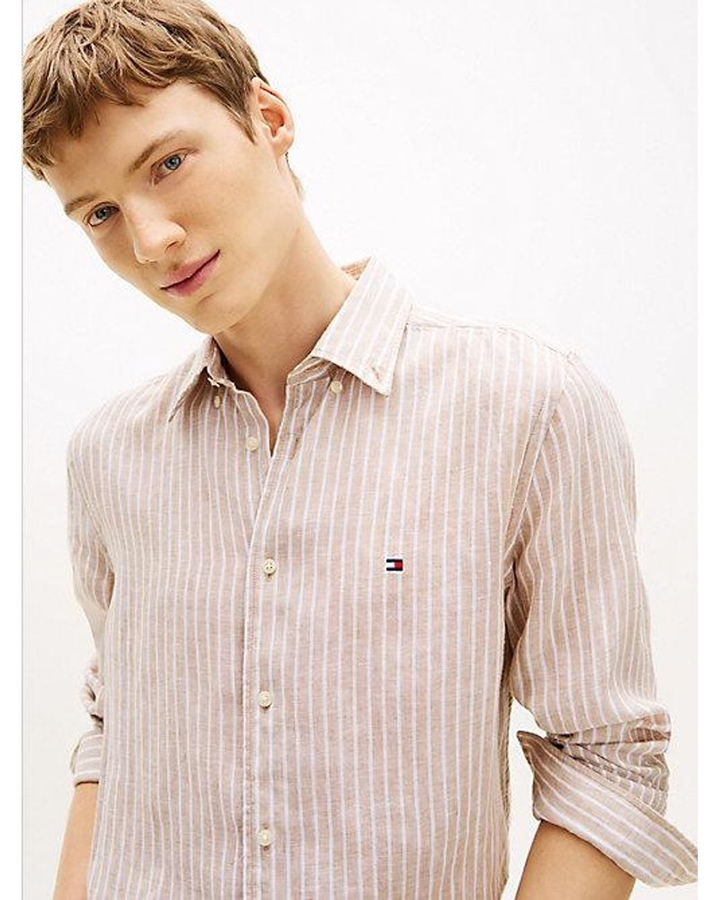 Tommy Hilfiger Natural Regular Fit Bengal Stripe Pure Linen Shirt for men