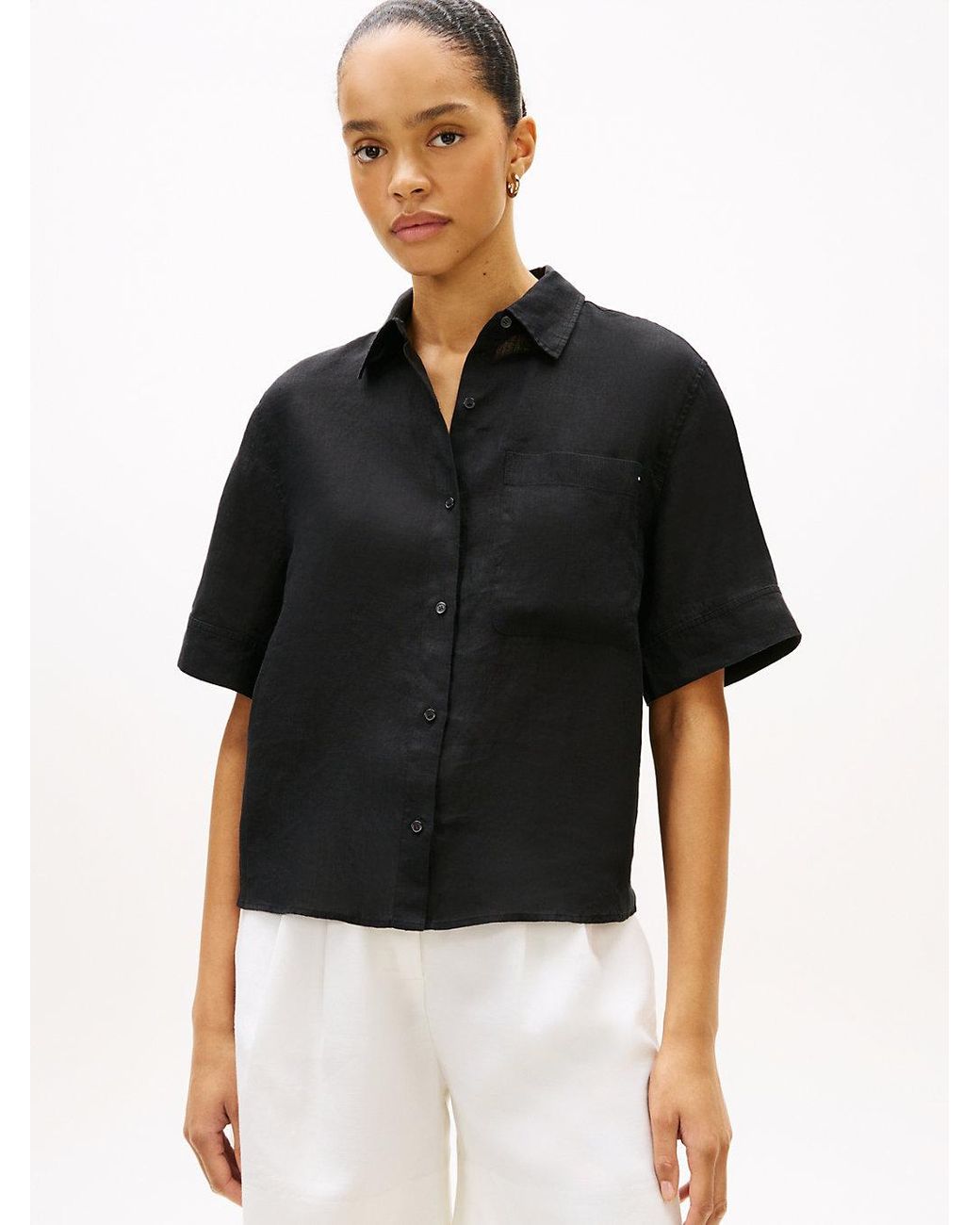 Tommy Hilfiger Black Relaxed Fit Pure Linen Short Sleeve Shirt