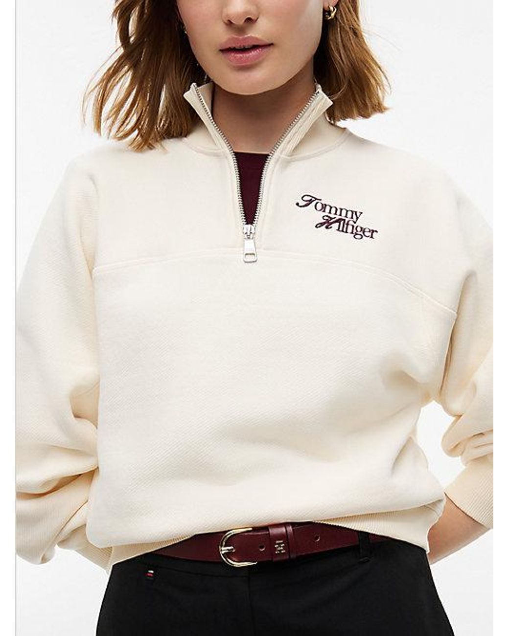 Tommy Hilfiger White Logo Relaxed Terry Quarter Zip Sweatshirt