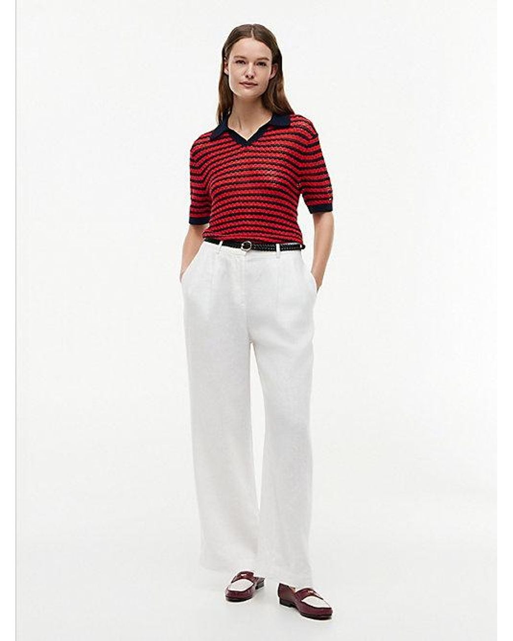 Tommy Hilfiger Red Pointelle Relaxed Short Sleeve Polo Jumper