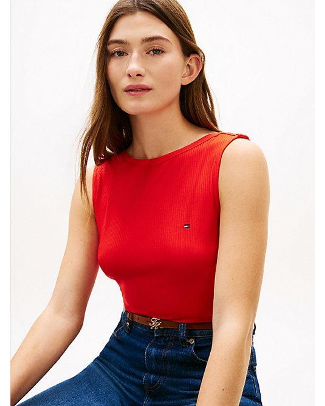 Tommy Hilfiger Red Ribbed Slim Boat Neck Tank Top