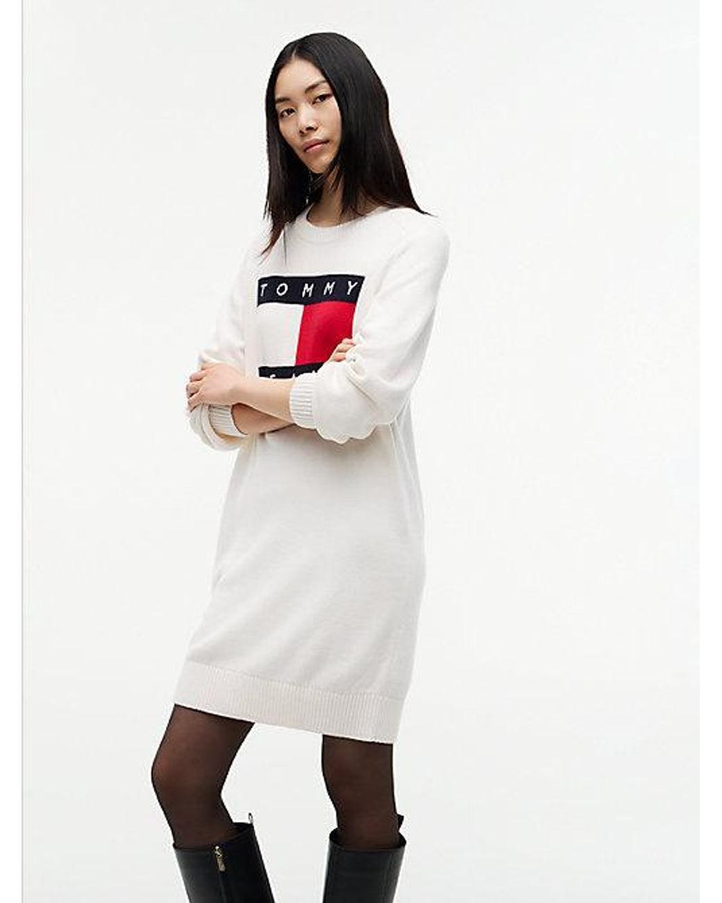 Tommy Hilfiger White Oversized Mini Jumper Dress With Wool