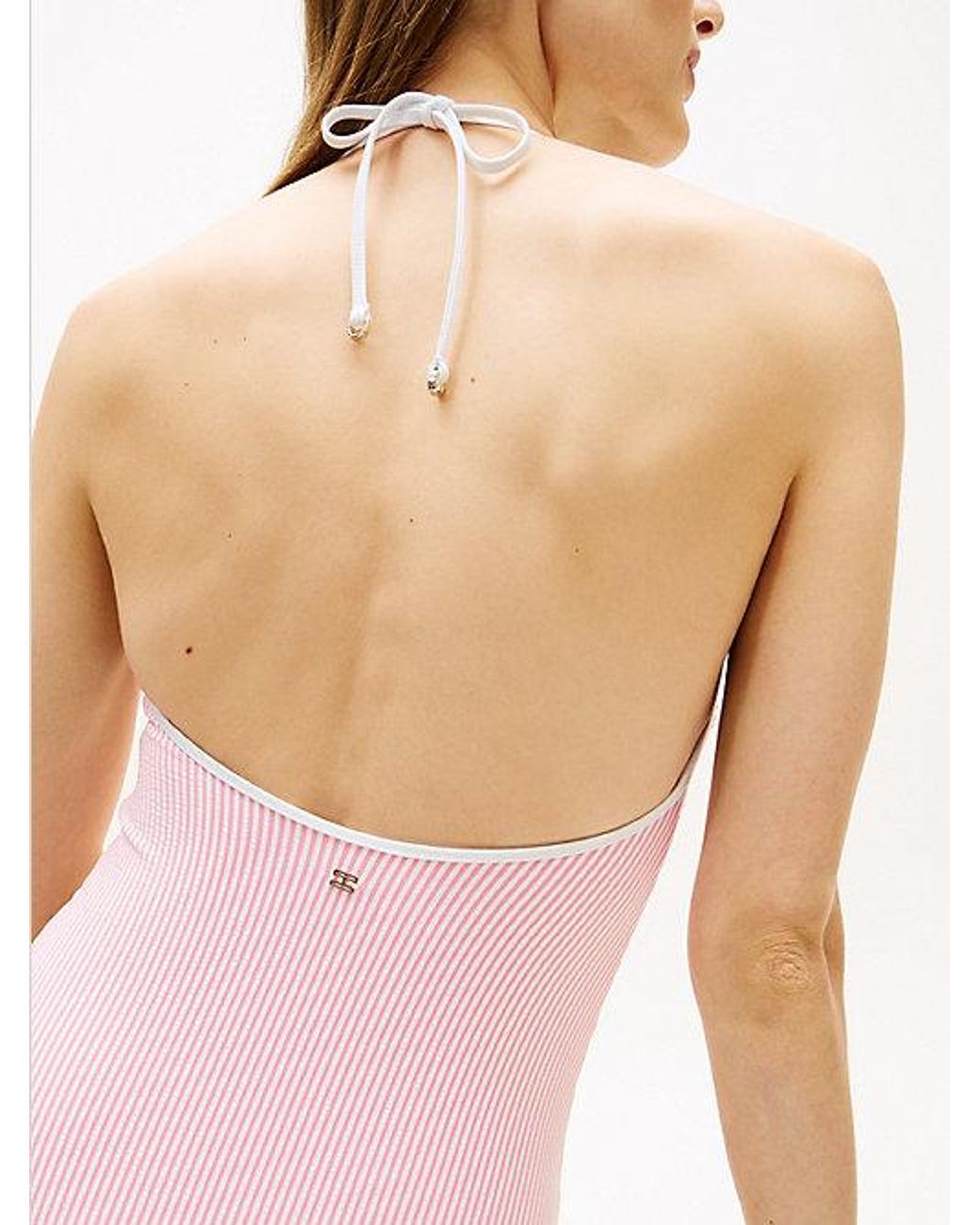 Tommy Hilfiger Pink Seersucker Logo Embroidery Halterneck Swimsuit