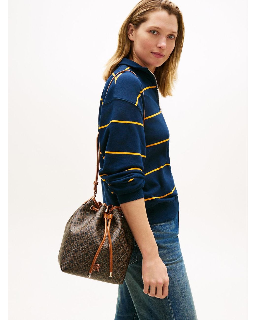 Tommy Hilfiger Brown Th Monoplay Crossbody Drawstring Bucket Bag