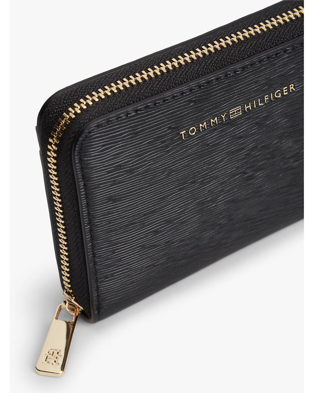 Tommy Hilfiger Black Metallic Logo Zip-Around Textured Wallet