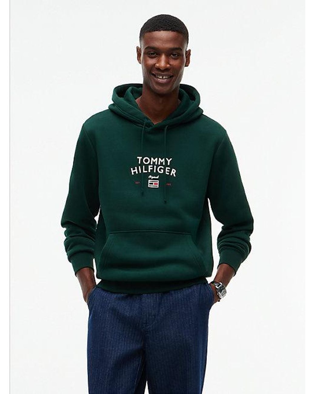 Tommy Hilfiger Green Arch Logo Fleece Drawstring Hoody for men