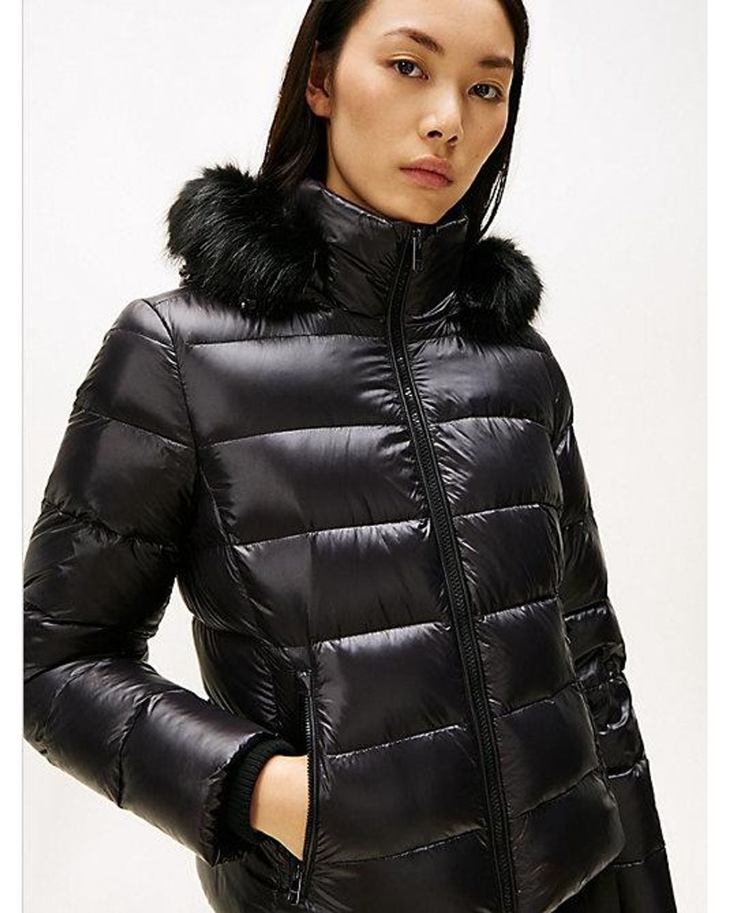 Tommy Hilfiger Black Shiny Water Repellent Down Hooded Jacket