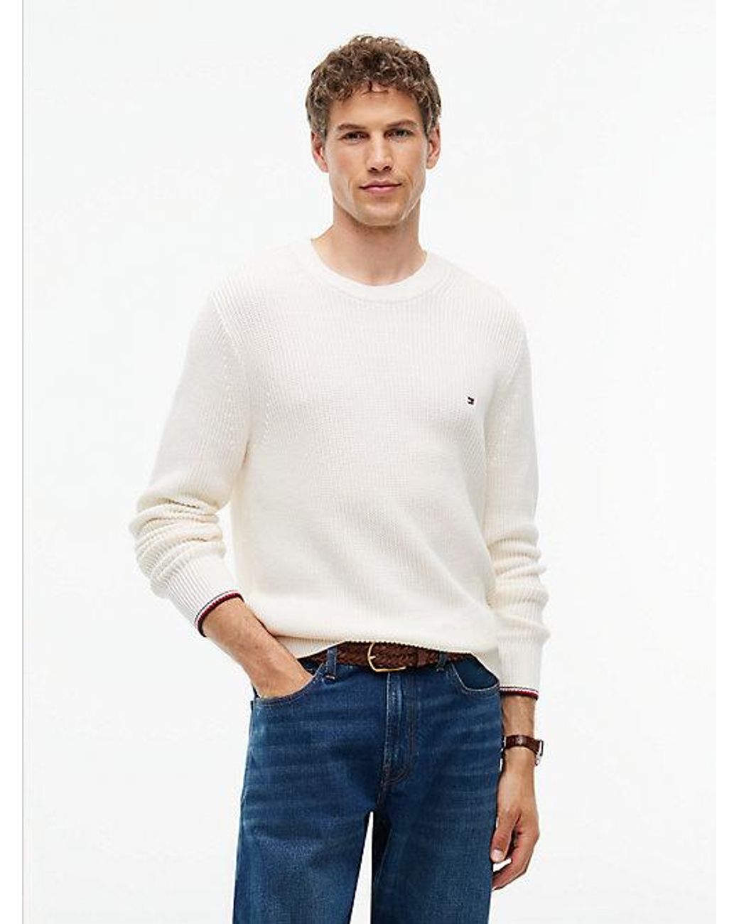 Tommy Hilfiger White Tipped Cuff Crew Neck Jumper for men