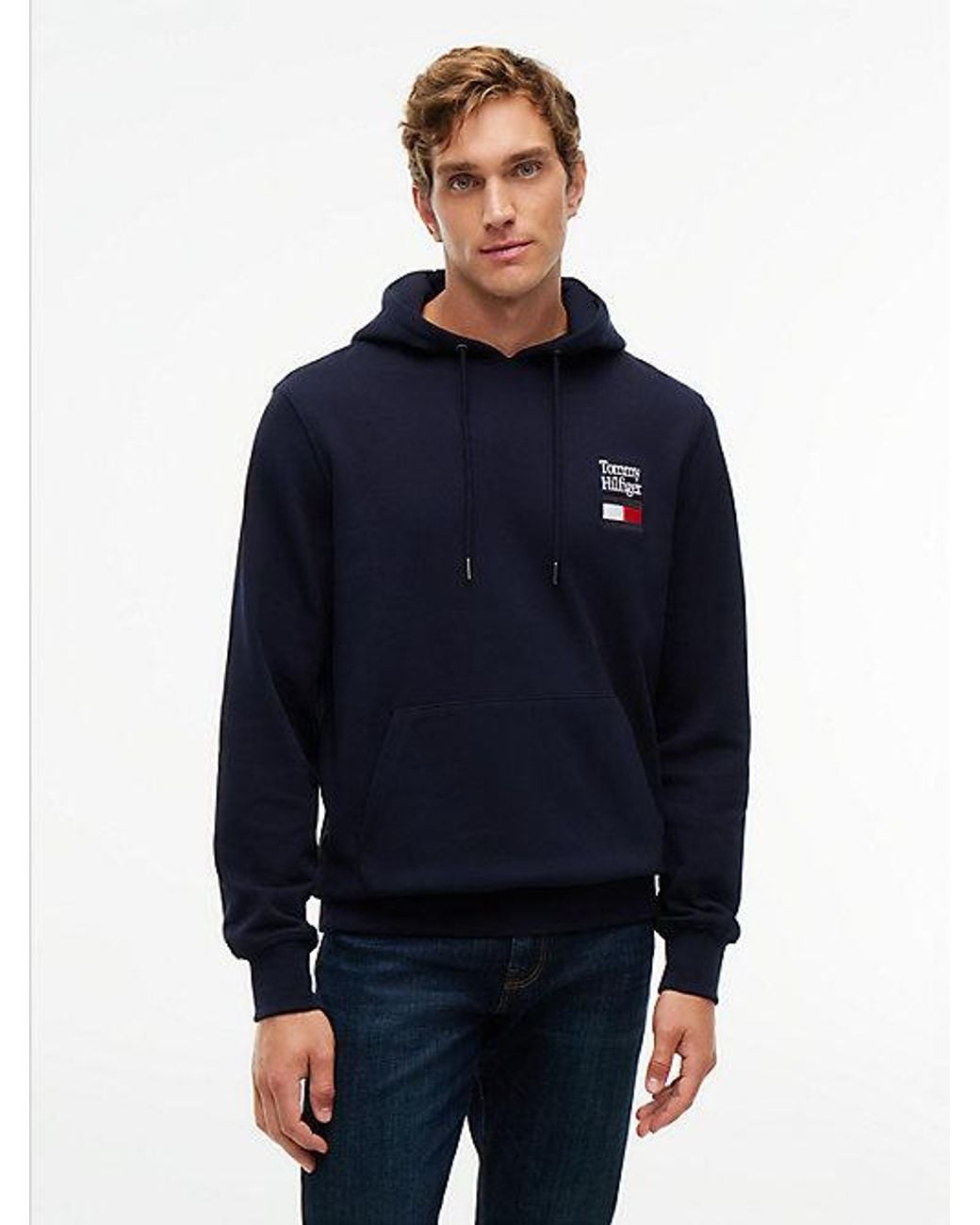 Tommy Hilfiger Blue Stack Logo Terry Drawstring Hoody for men