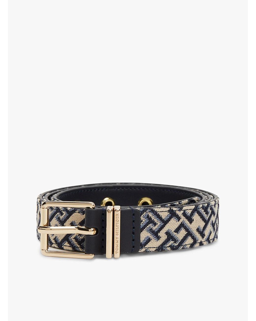 Tommy Hilfiger White Jacquard Double Keeper Square Buckle Belt