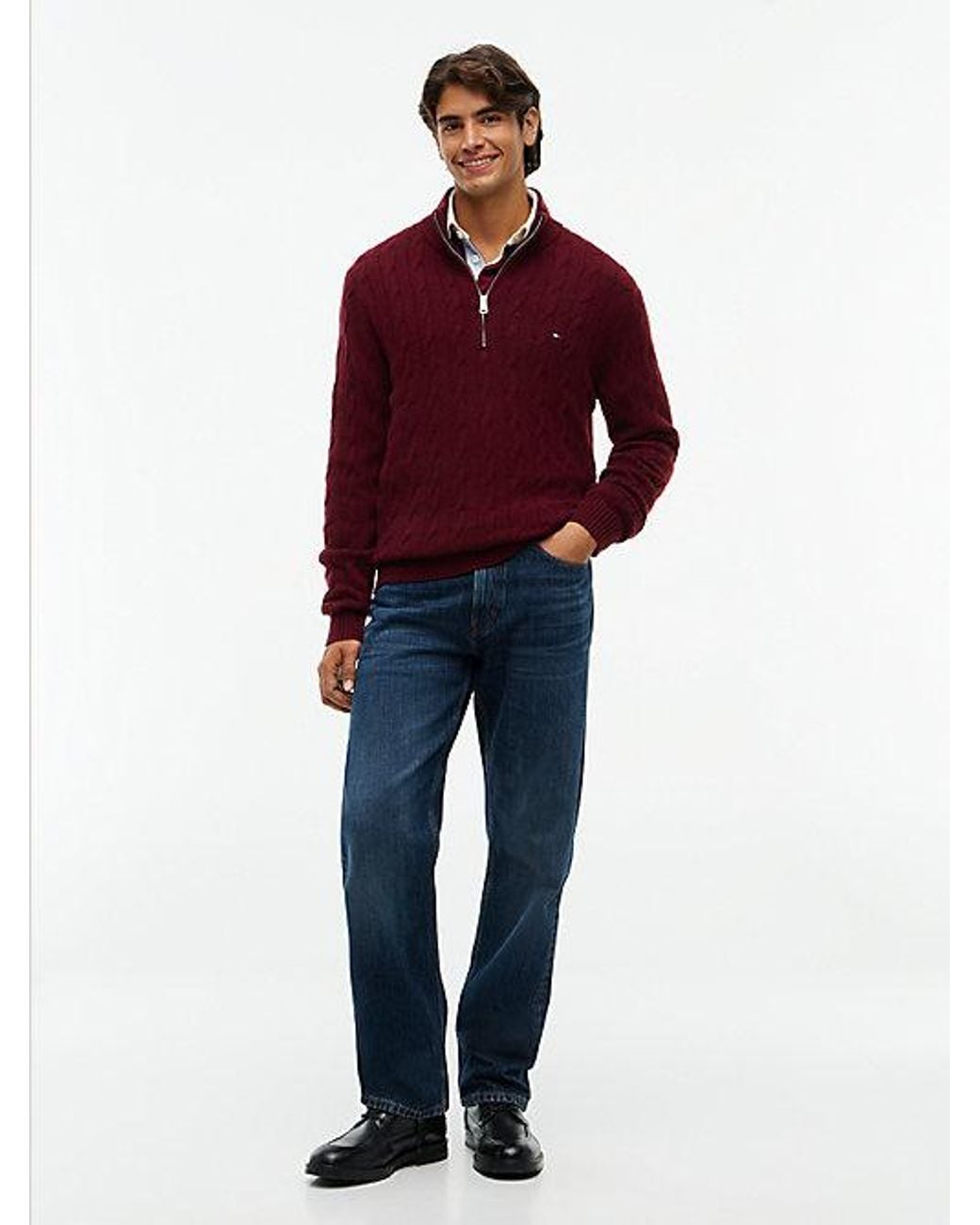 Tommy Hilfiger Red Pure Lambswool Cable Knit Quarter Zip Jumper for men