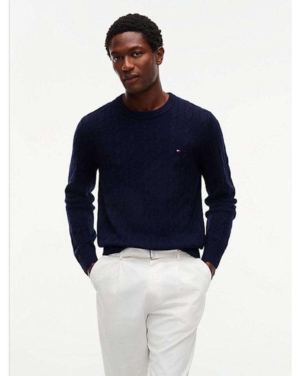 Tommy Hilfiger Blue Pure Lambswool Cable Knit Jumper for men