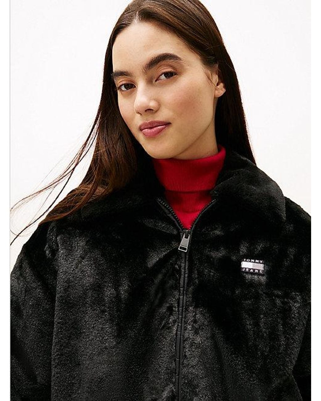 Tommy Hilfiger Red Tommy Badge Faux Fur Bomber Jacket