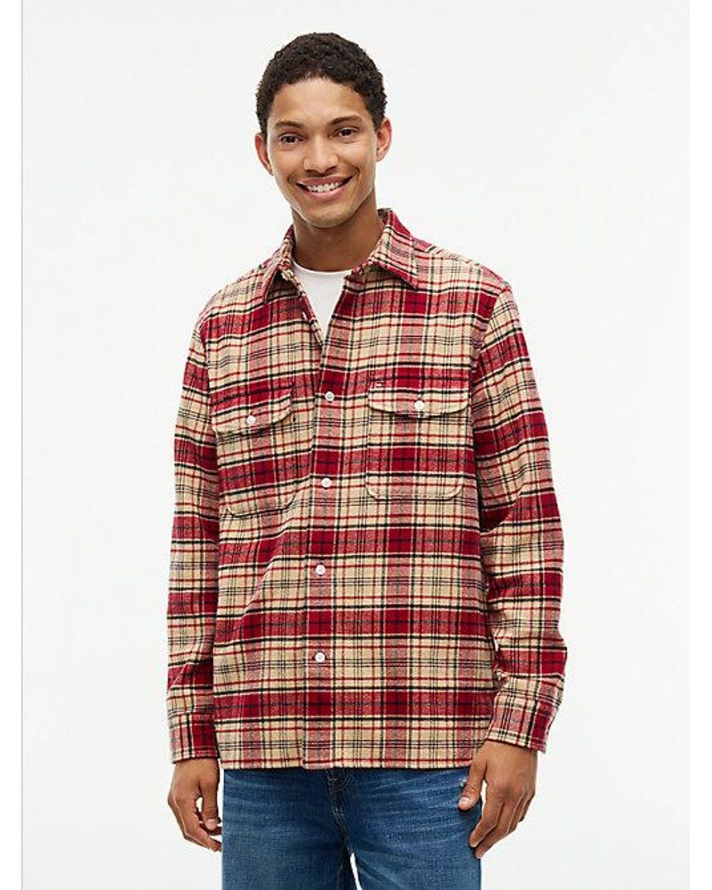 Tommy Hilfiger Red Relaxed Fit Check Flannel Overshirt for men