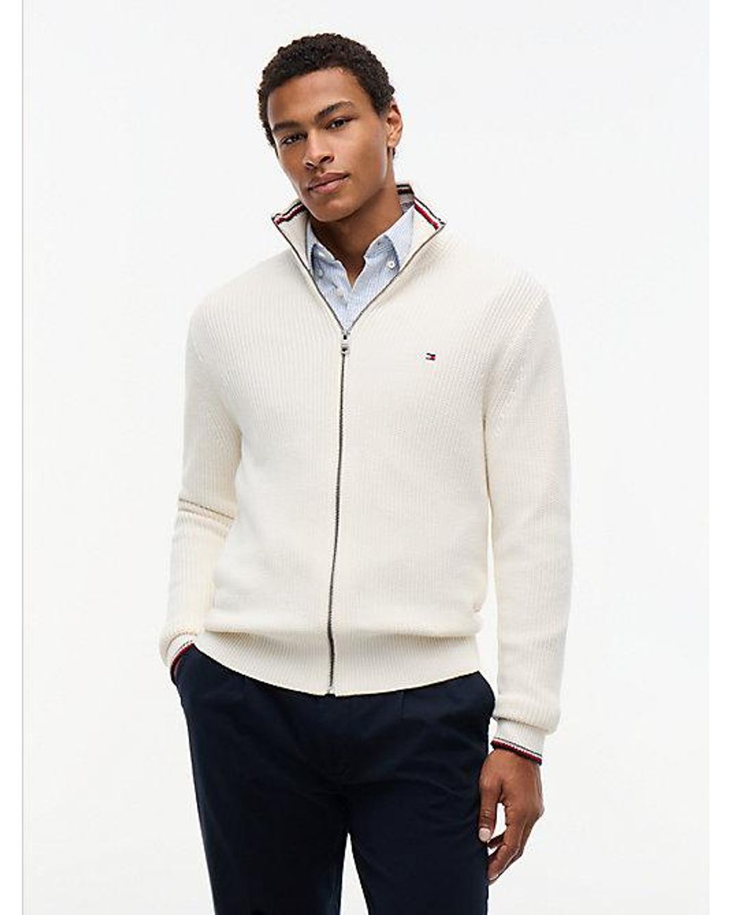Tommy Hilfiger White Tipped Cuff Ribbed Zip Thru Jumper for men
