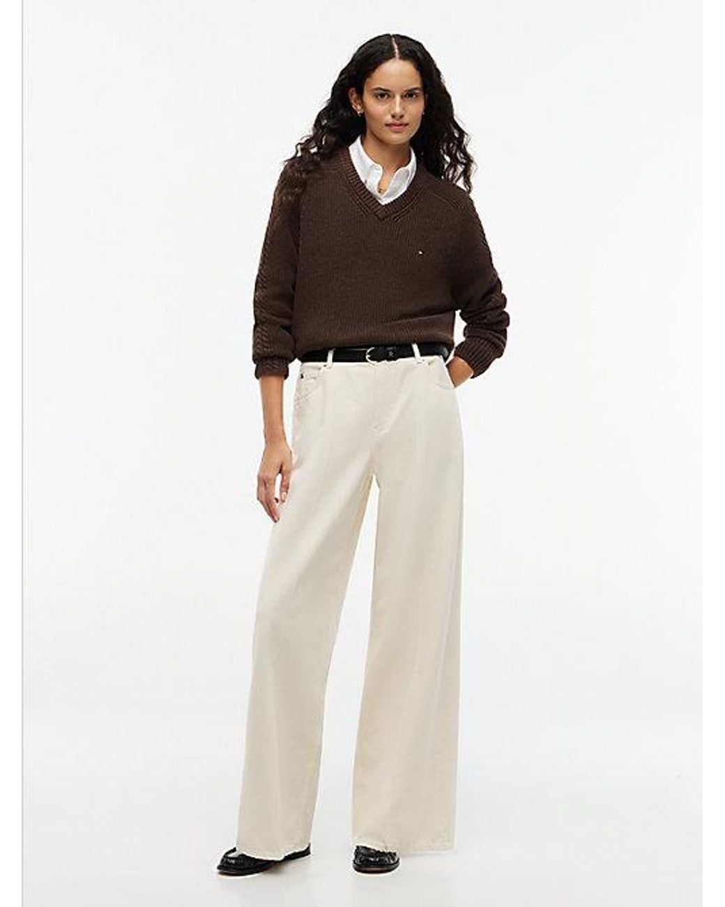 Tommy Hilfiger Brown Cardigan Stitch Relaxed V Neck Jumper