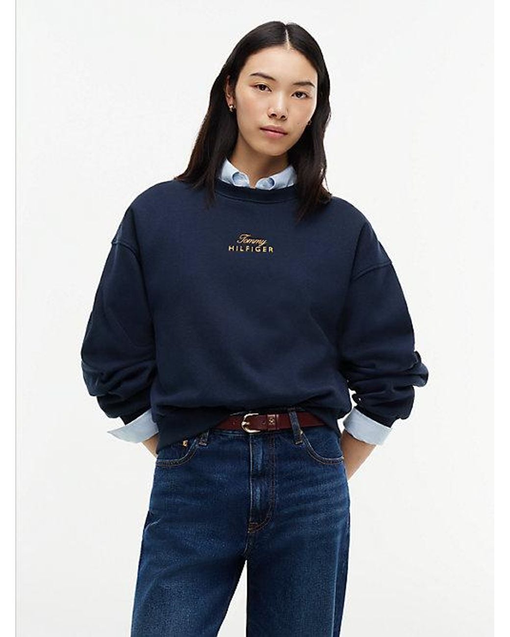 Tommy Hilfiger Blue Logo Embroidery Relaxed Fleece Jumper