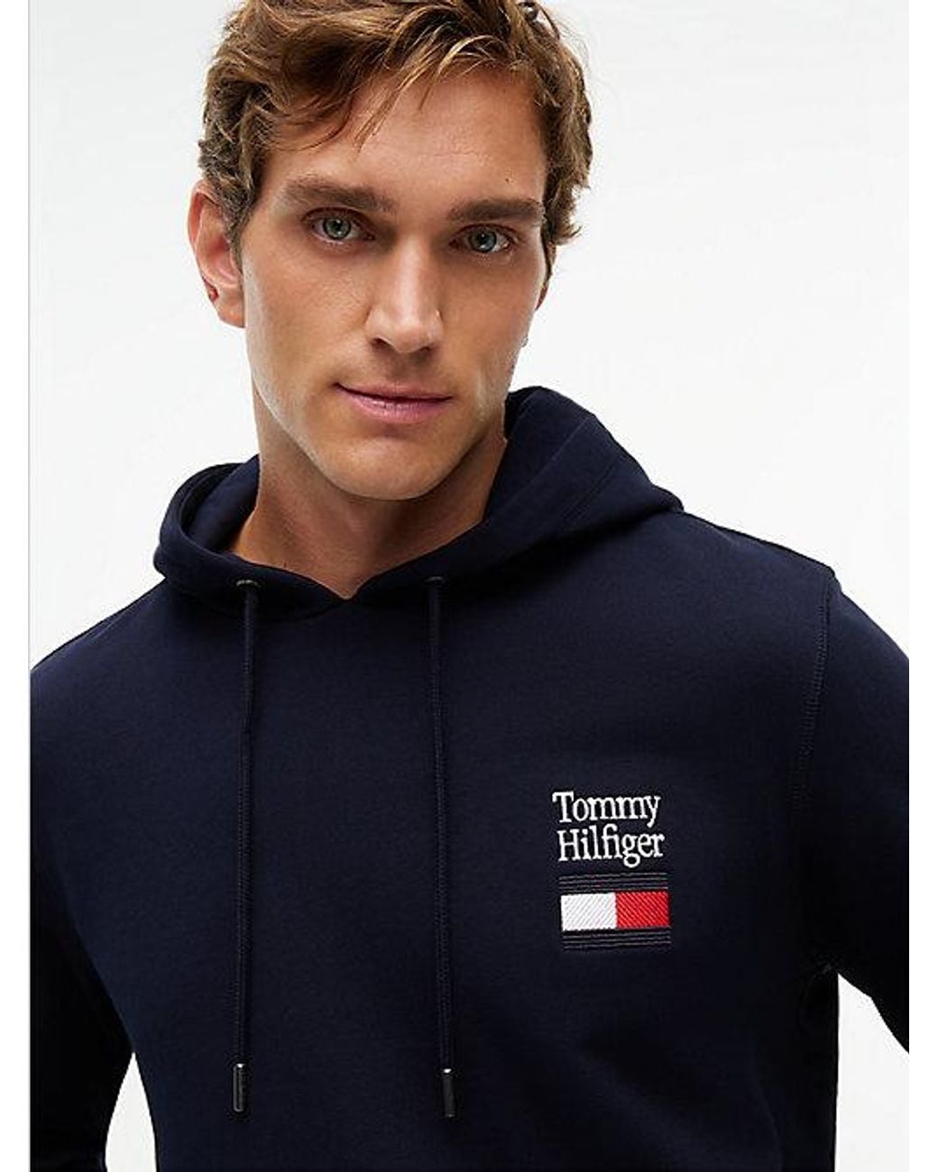 Tommy Hilfiger Blue Stack Logo Terry Drawstring Hoody for men