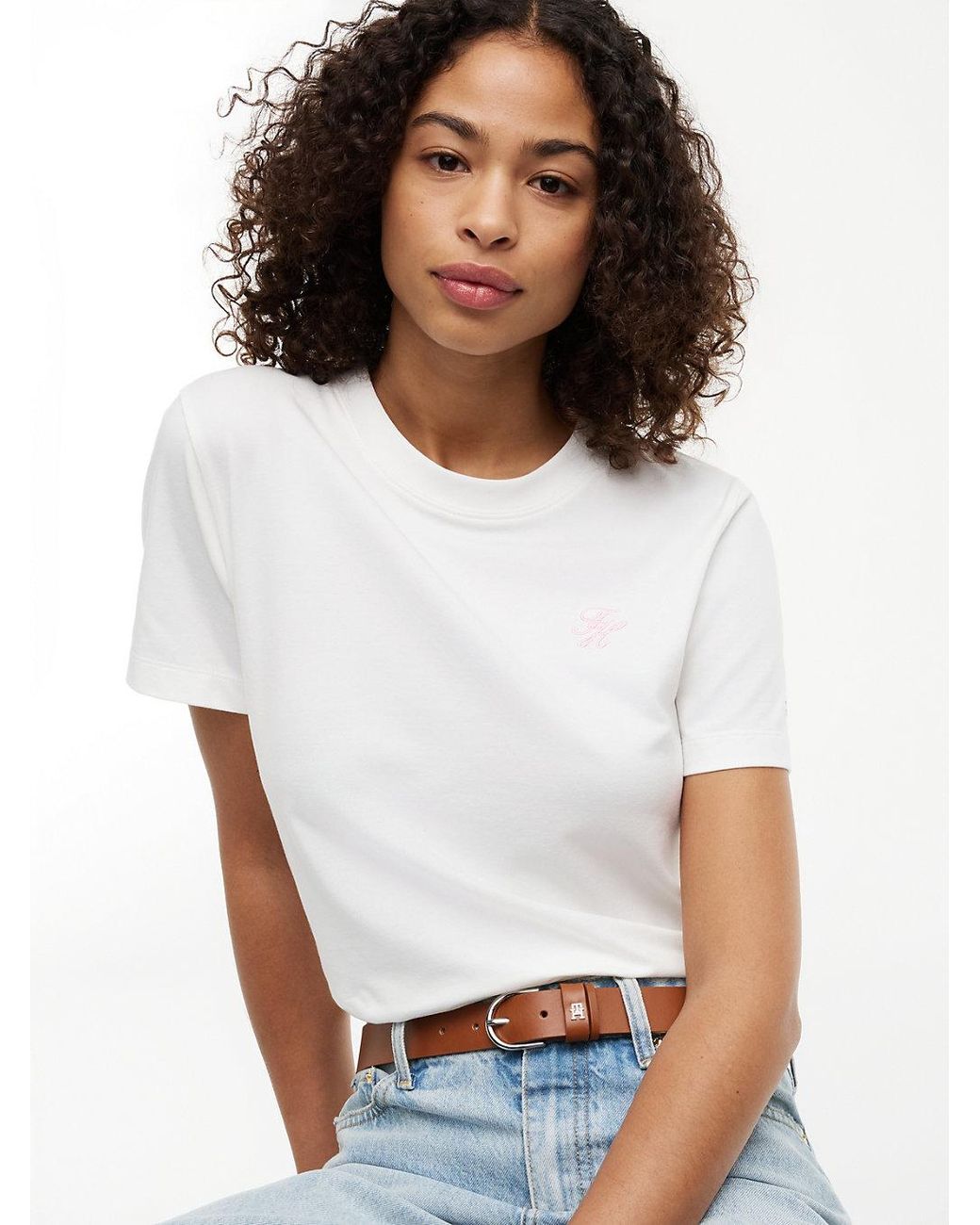 Tommy Hilfiger White Logo Embroidery Crew Neck T-Shirt
