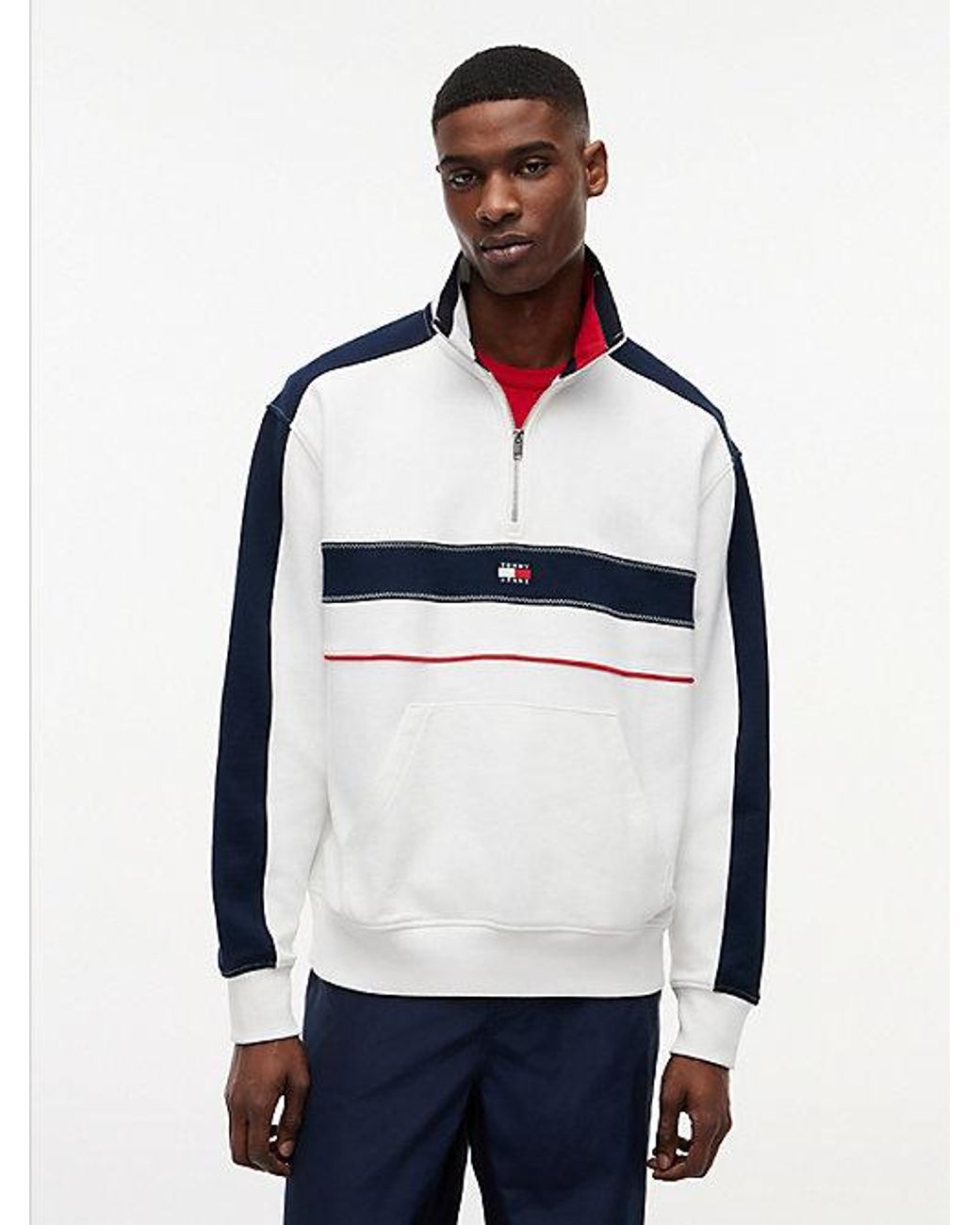 Tommy Hilfiger Blue Colour-Blocked Quarter-Zip Relaxed Sweatshirt for men