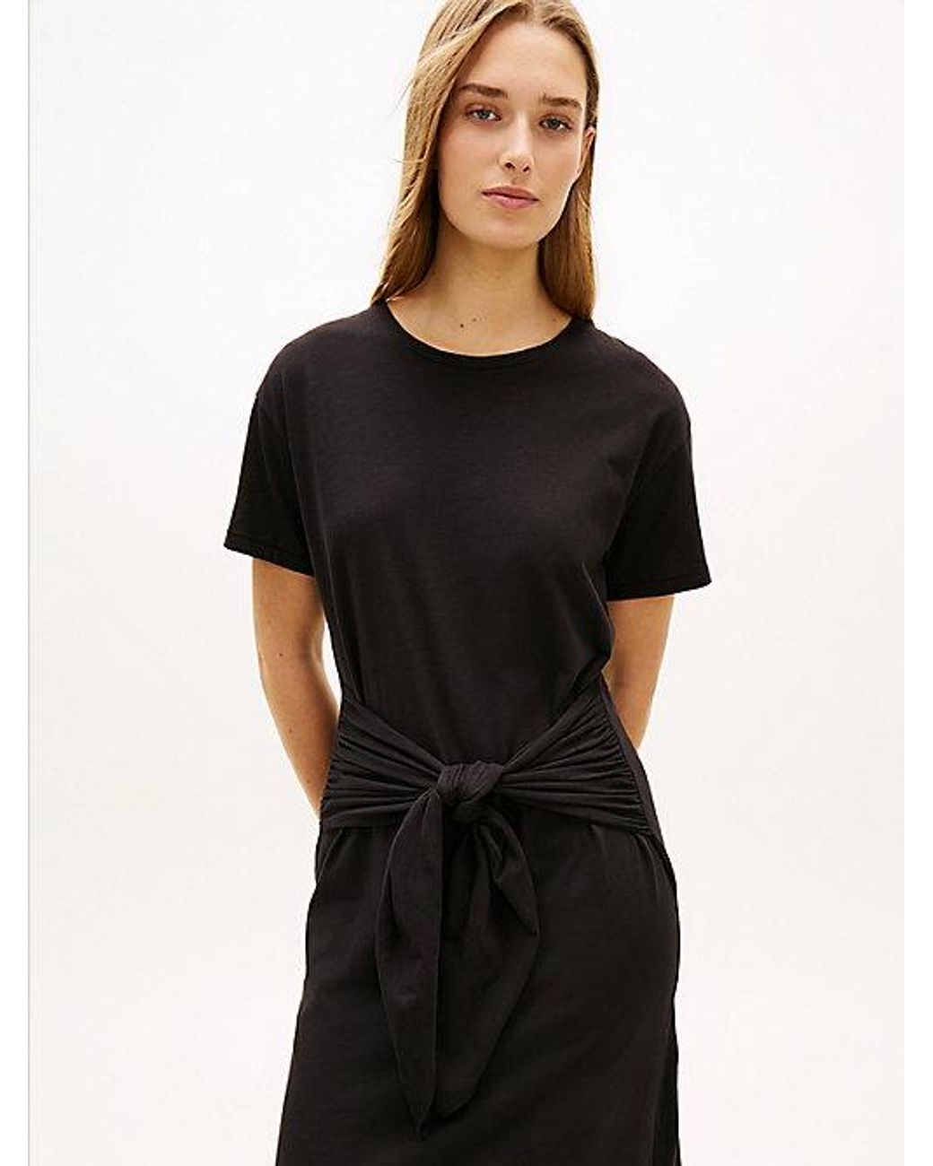 Tommy Hilfiger Black Textured Knot Relaxed Midi T-Shirt Dress