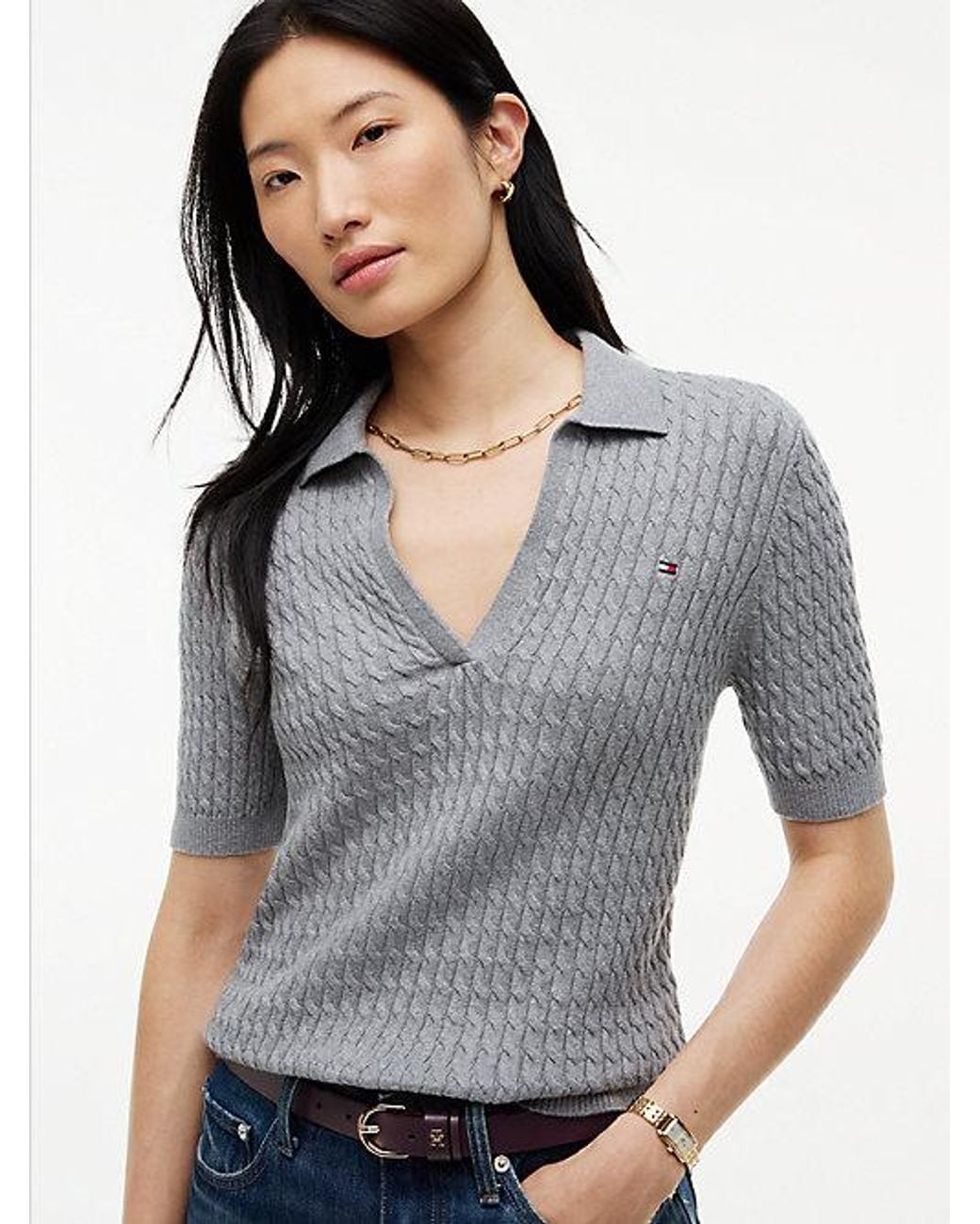 Tommy Hilfiger Blue Cable Knit Short Sleeve Polo Jumper