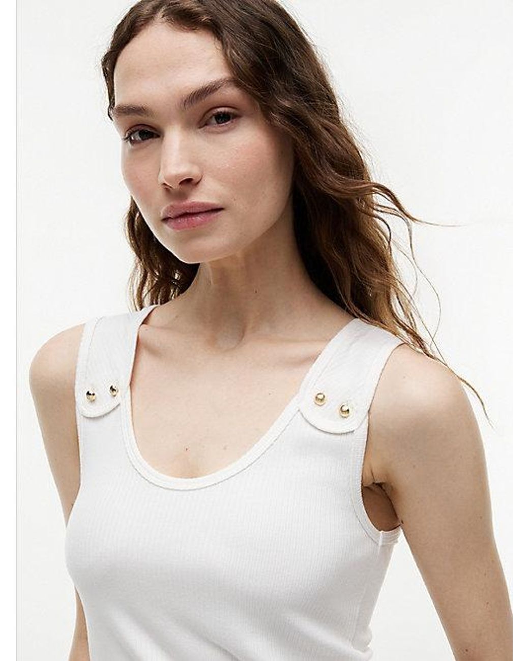 Tommy Hilfiger White Tone Button Ribbed Tank Top