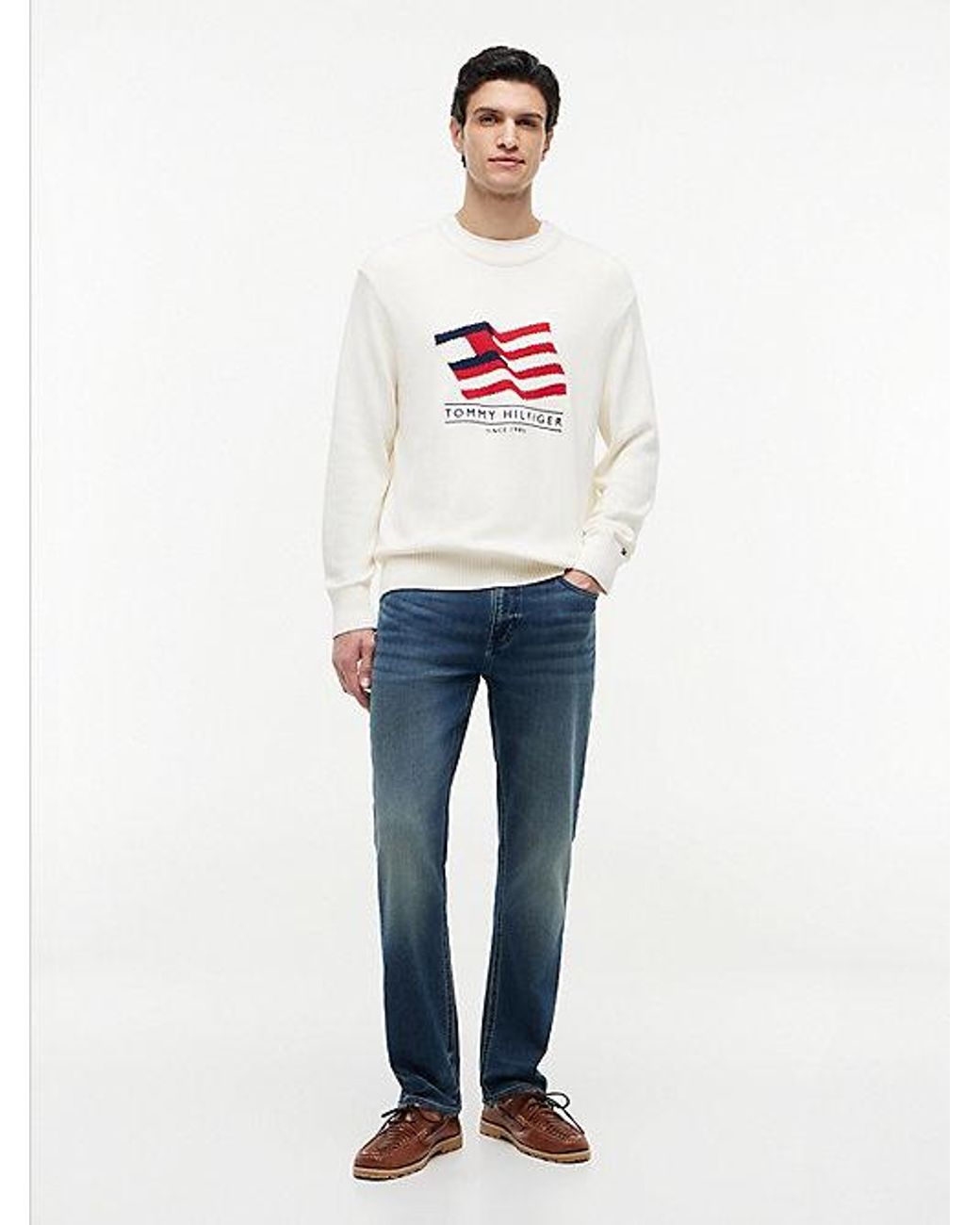 Tommy Hilfiger White Intarsia Flag Relaxed Crew Neck Jumper for men