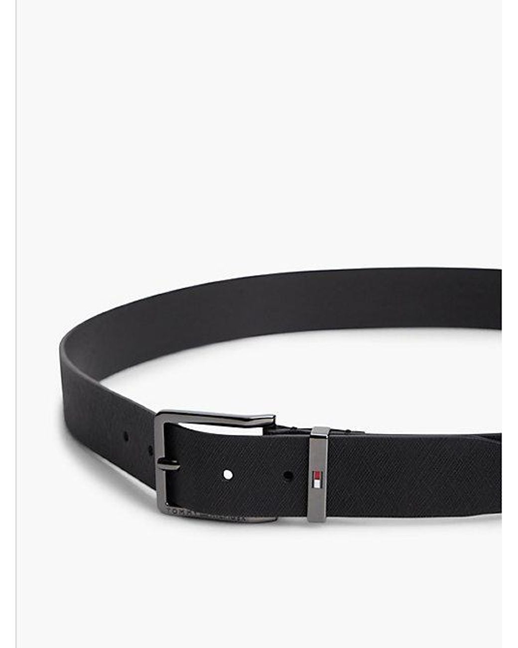 Tommy Hilfiger Black Leather Logo Square Buckle Textured Belt for men