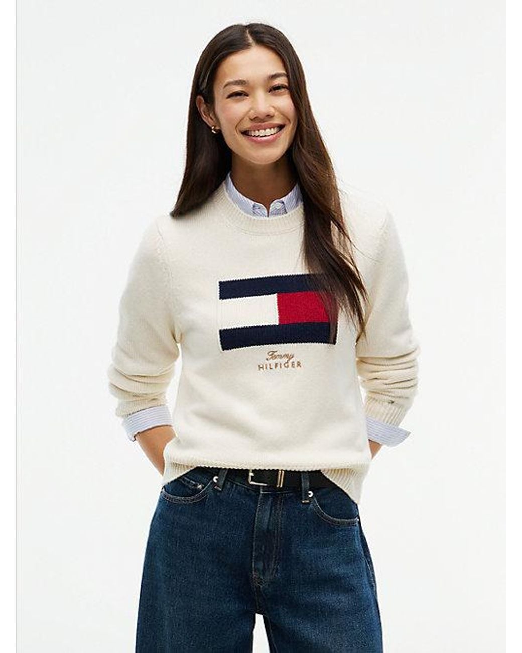 Tommy Hilfiger White Flag Logo Embroidery Jumper With Cashmere