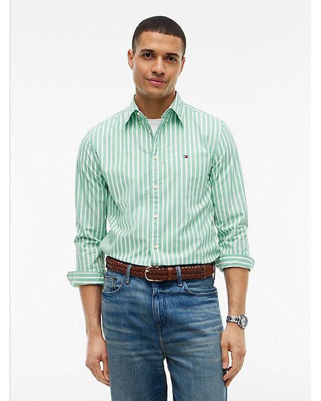 Tommy Hilfiger Green Regular Fit Flex Stripe Poplin Shirt for men