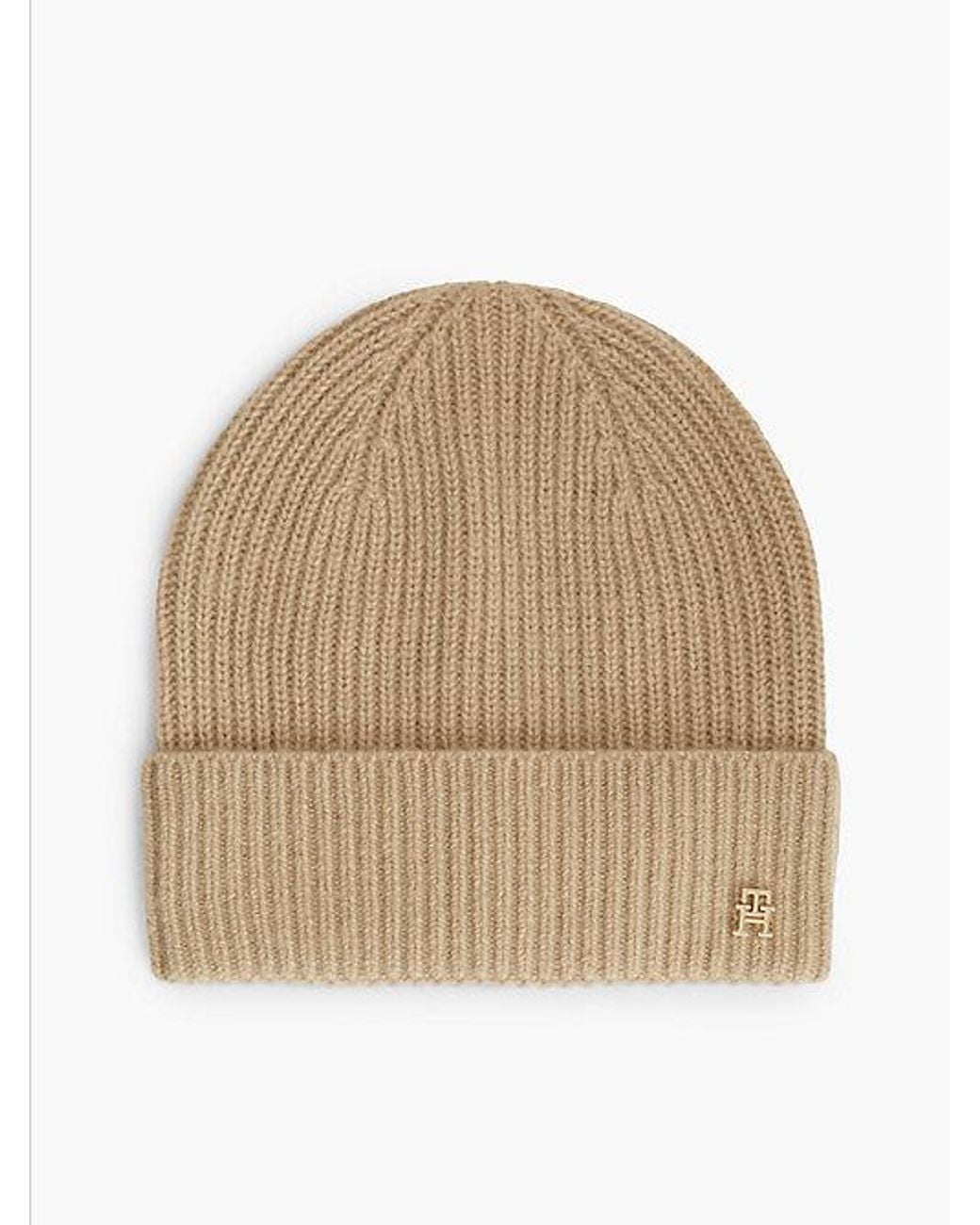 Tommy Hilfiger Natural Pure Cashmere Th Monogram Plaque Beanie