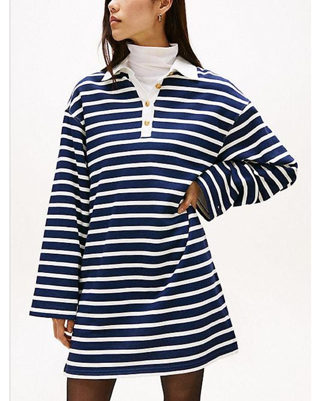 Tommy Hilfiger Blue Gold-tone Button Relaxed Mini Rugby Dress