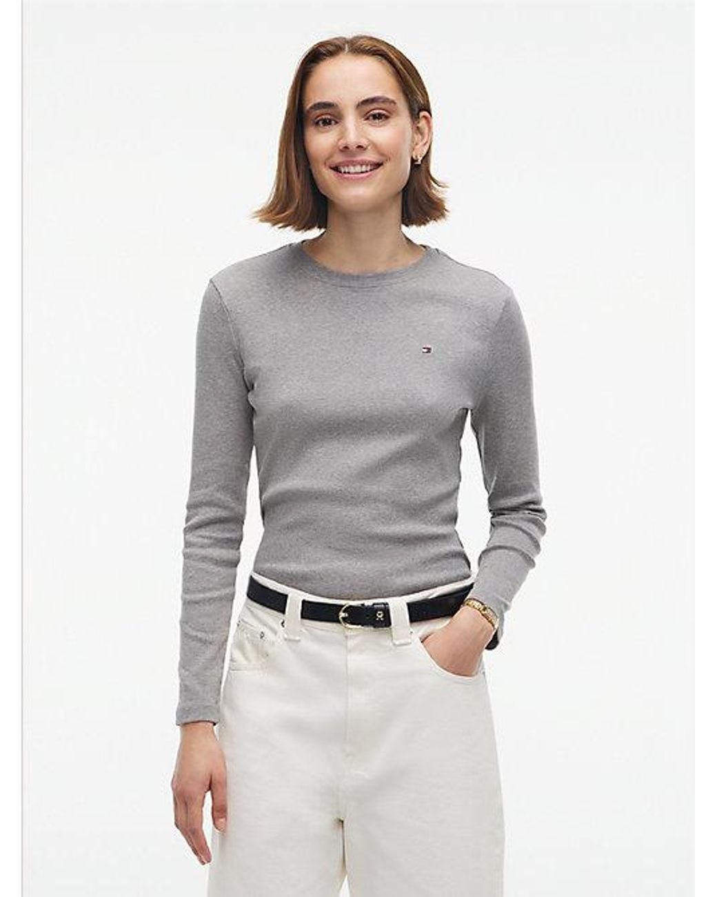 Tommy Hilfiger Gray Flag Embroidery Slim Long Sleeve T-Shirt