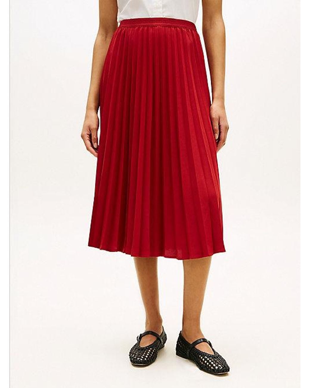 Tommy Hilfiger Red Tonal Flag Waistband Pleated Midi Skirt