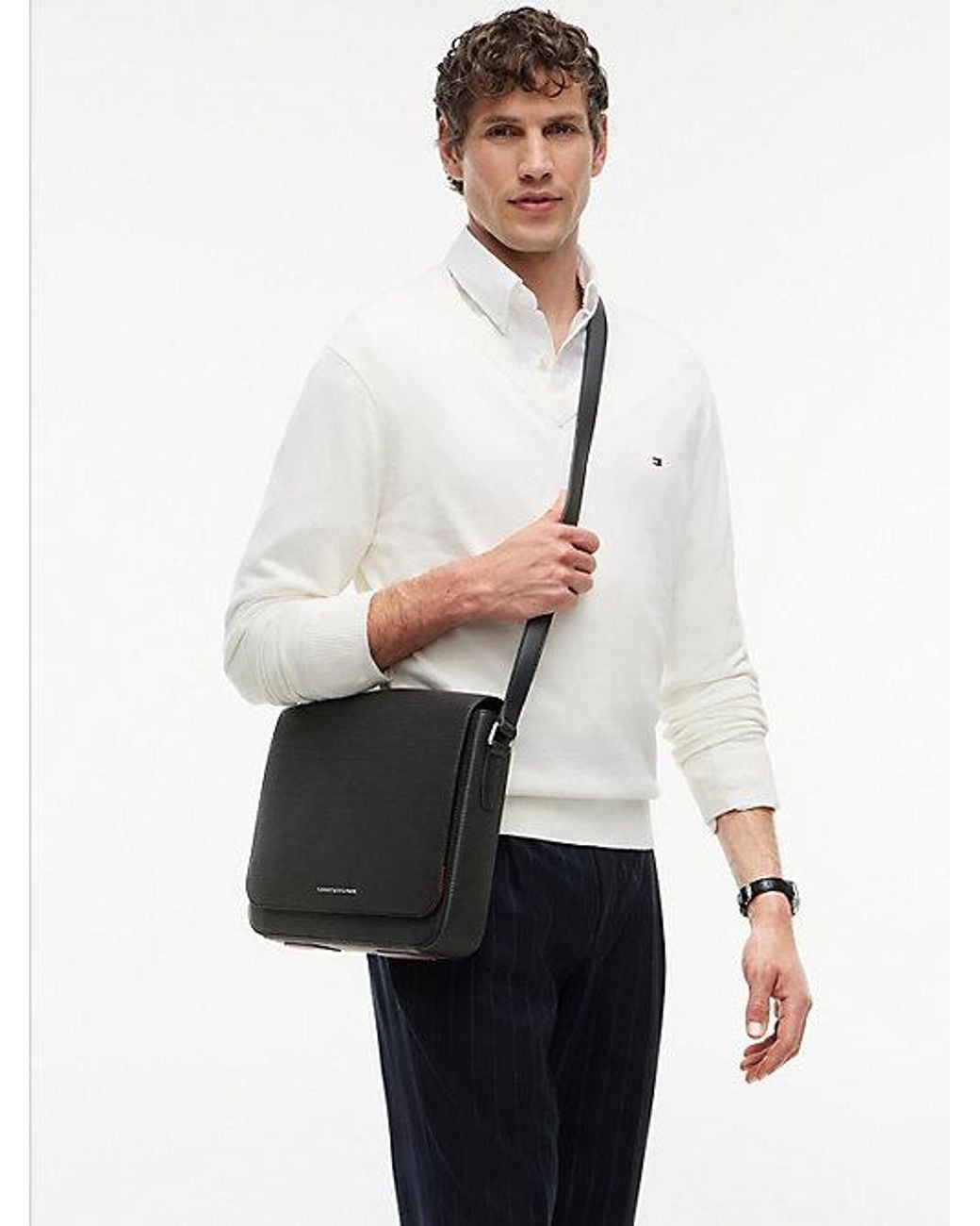 Tommy Hilfiger Black Th Business Textured Crossbody Messenger Bag for men