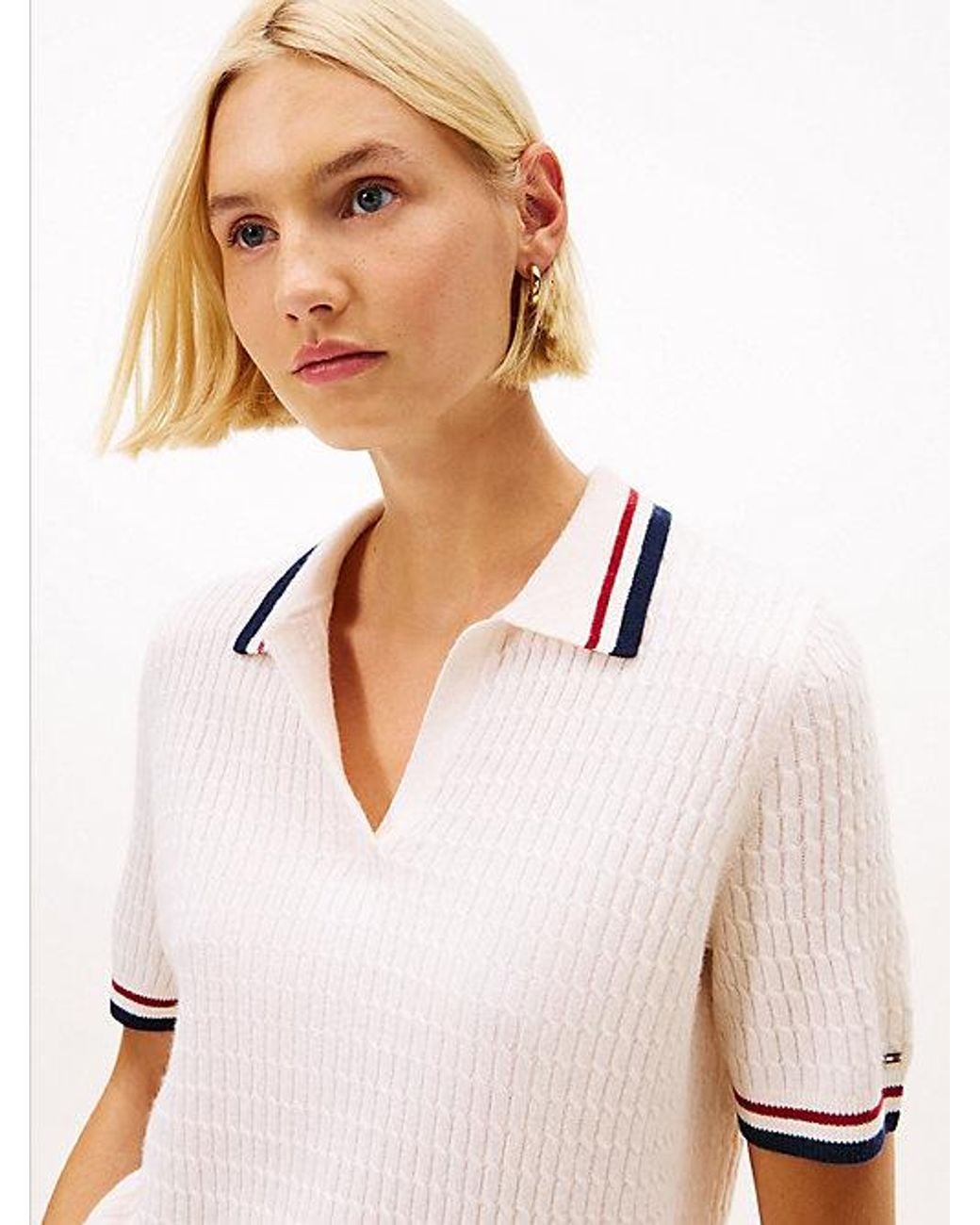 Tommy Hilfiger White Open Placket Short Sleeve Jumper With Cashmere
