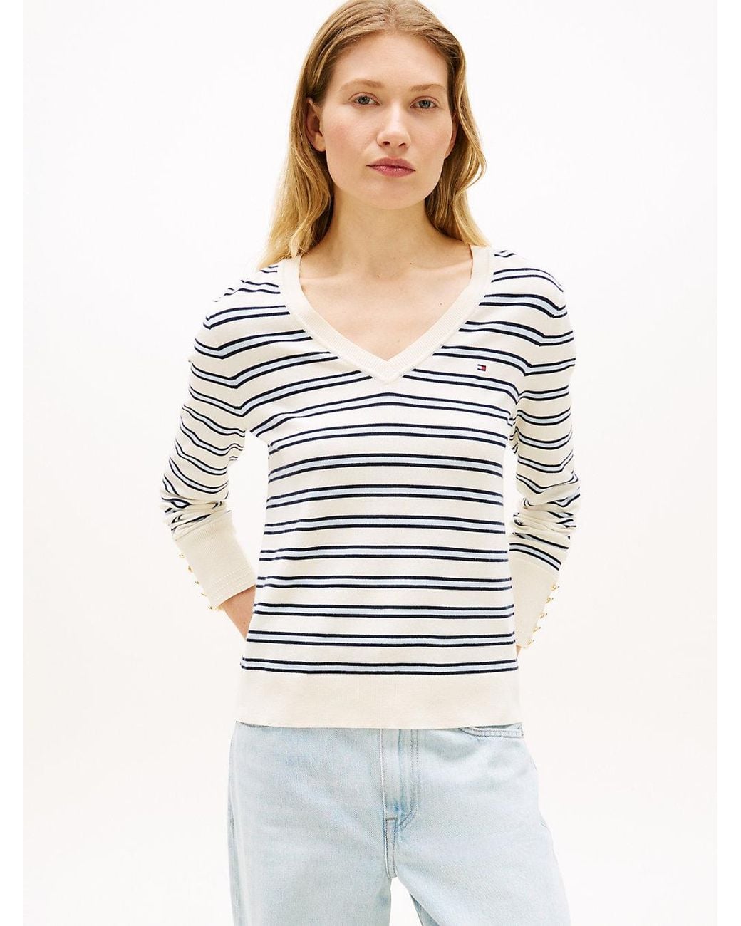 Tommy Hilfiger Natural Gold-tone Button Cuff V-neck Jumper