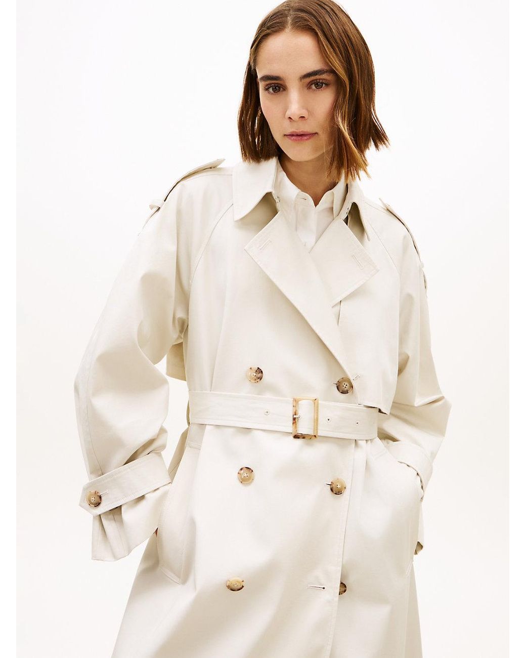 Tommy Hilfiger White Water Repellent Twill Oversized Trench Coat