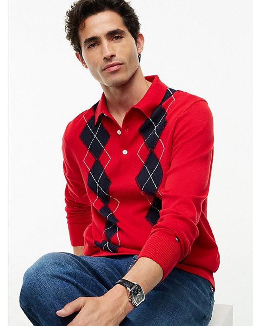 Tommy Hilfiger Red Flag Embroidery Argyle Polo Jumper for men