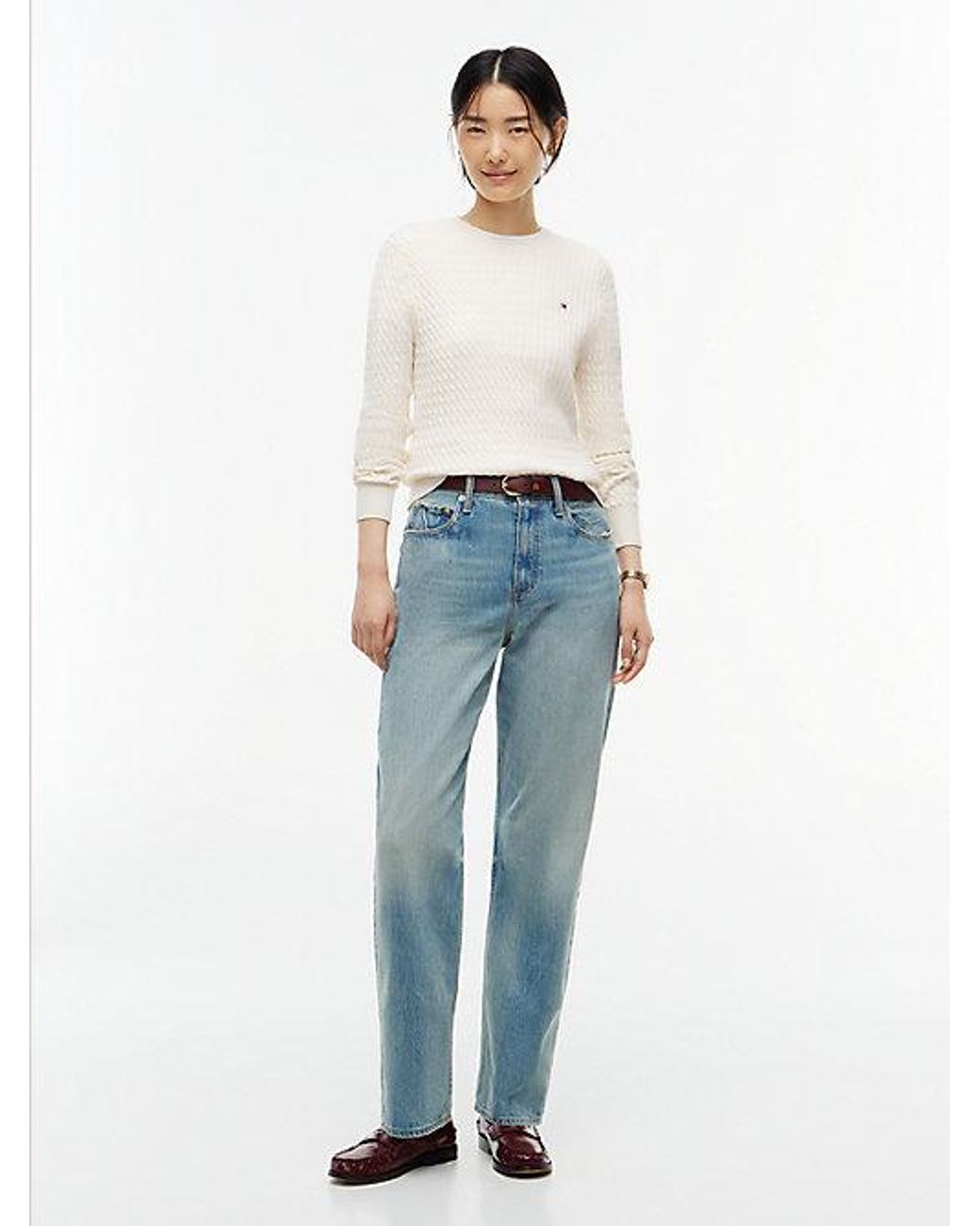 Tommy Hilfiger White Fine Cable Knit Slim Jumper