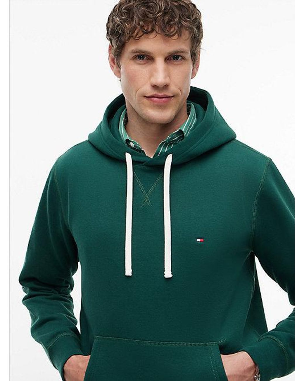 Tommy Hilfiger Green Peached Fleece Contrast Drawstring Hoody for men