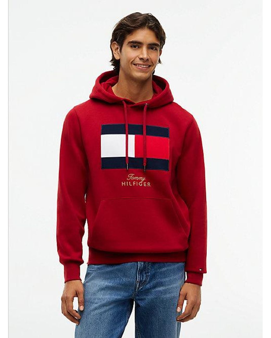Tommy Hilfiger Red Flag Embroidery Logo Fleece Hoody for men