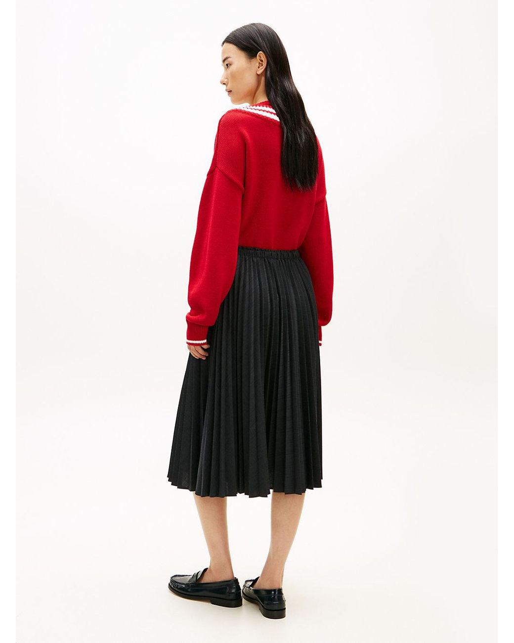 Tommy Hilfiger Red Pleated Check Wool Blend Midi Skirt