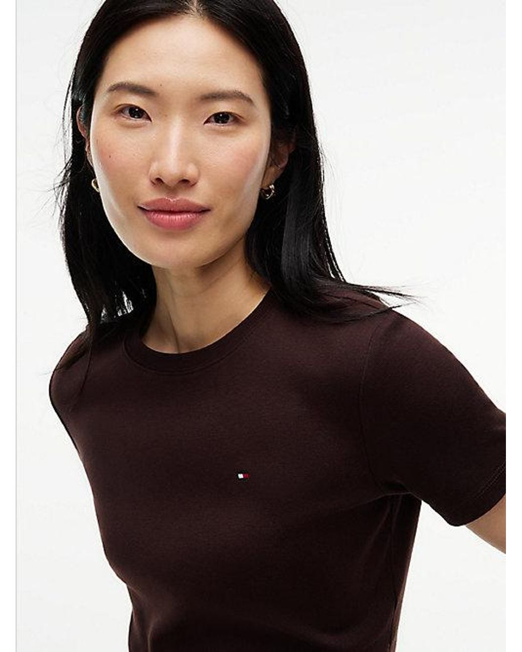 Tommy Hilfiger Brown Flag Embroidery Slim Crew Neck T-Shirt