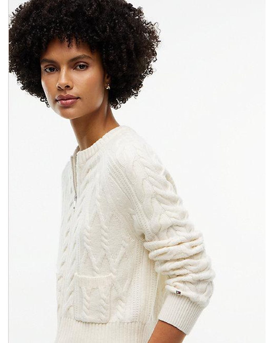 Tommy Hilfiger White Wool Blend Cable Knit Slim Cardigan