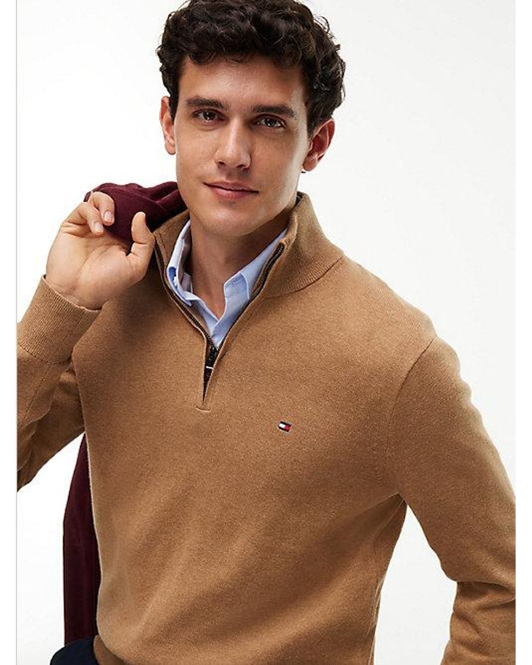 Tommy Hilfiger Blue Mock Neck Quarter Zip Jumper With Cashmere for men