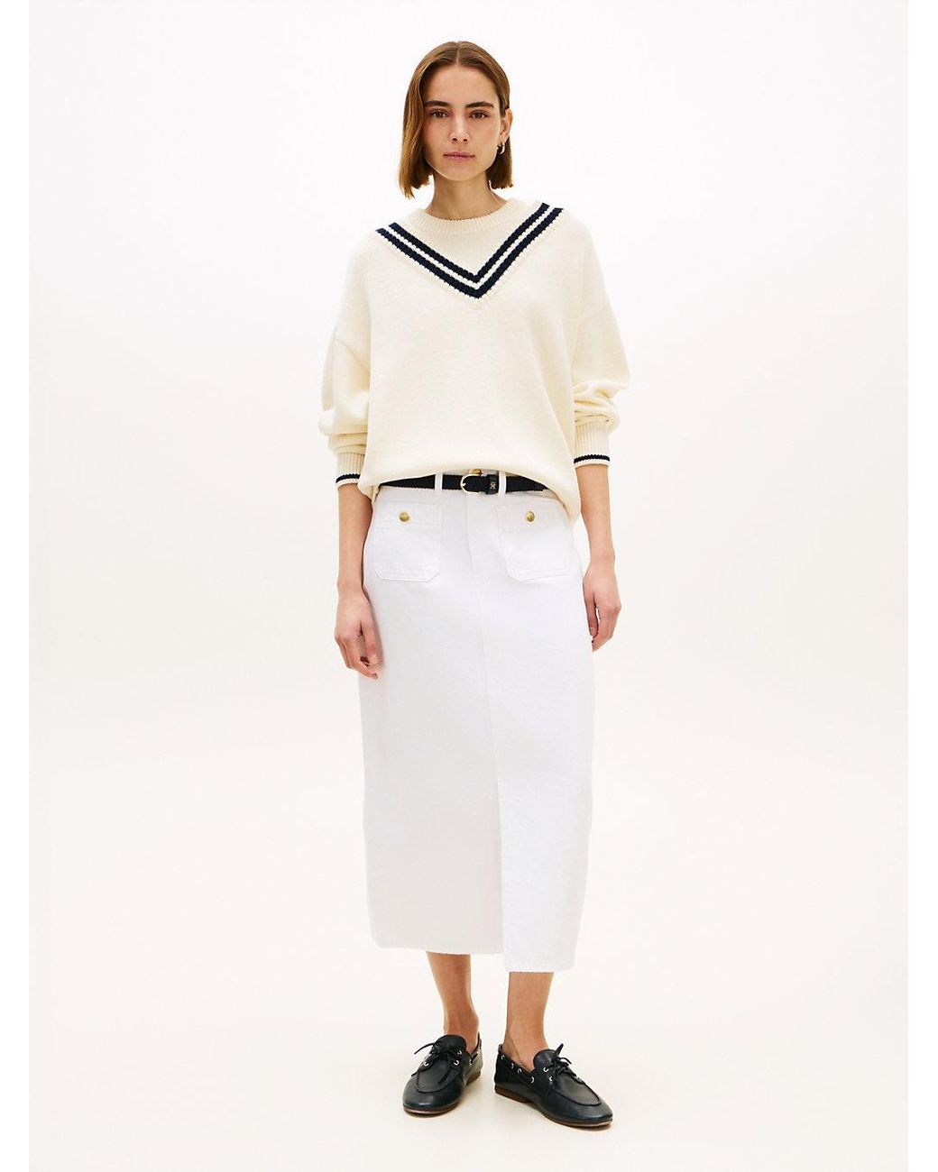 Tommy Hilfiger White Tone Button Denim Midi Skirt