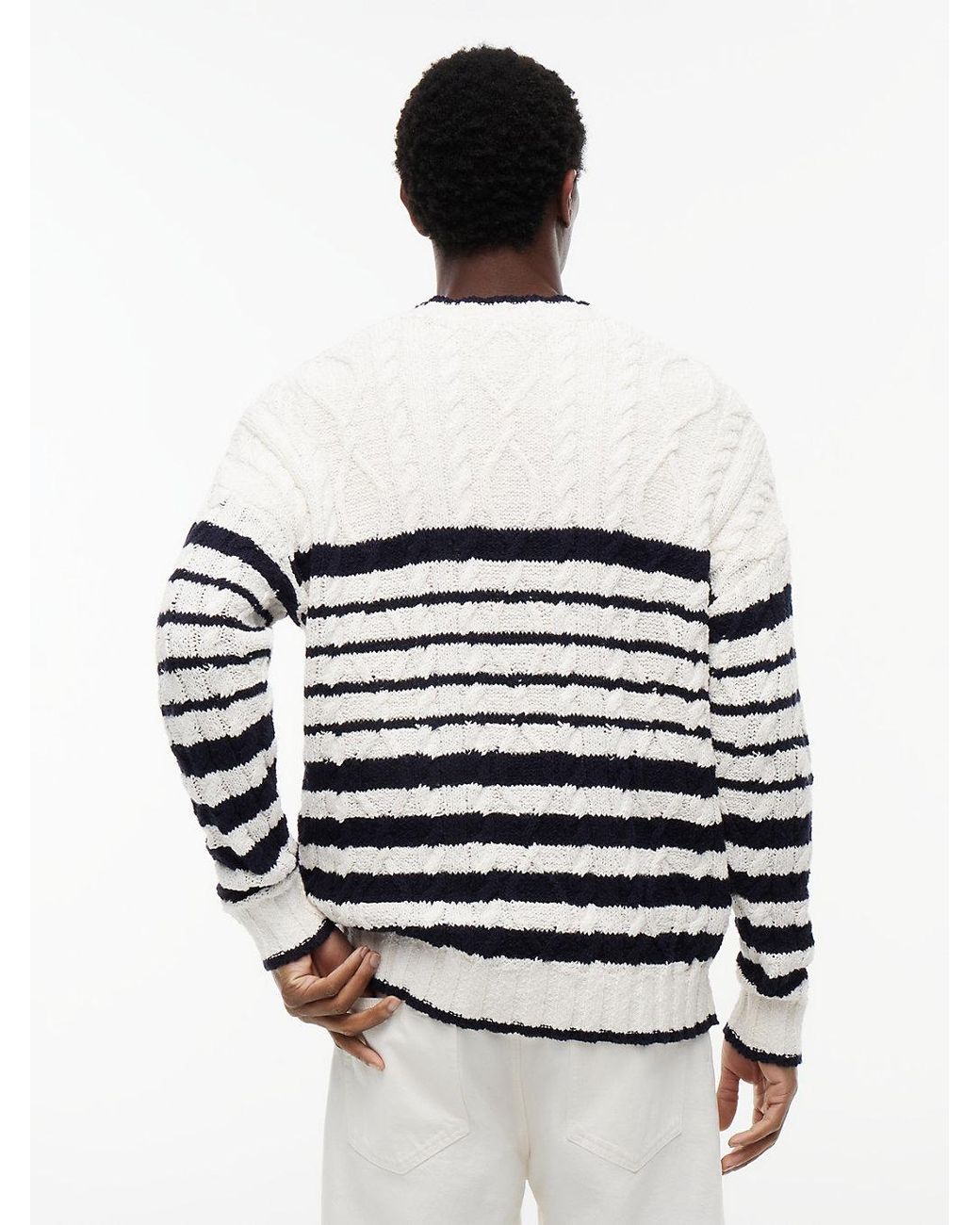 Tommy Hilfiger White Cable Knit Breton Stripe Flag Jumper for men